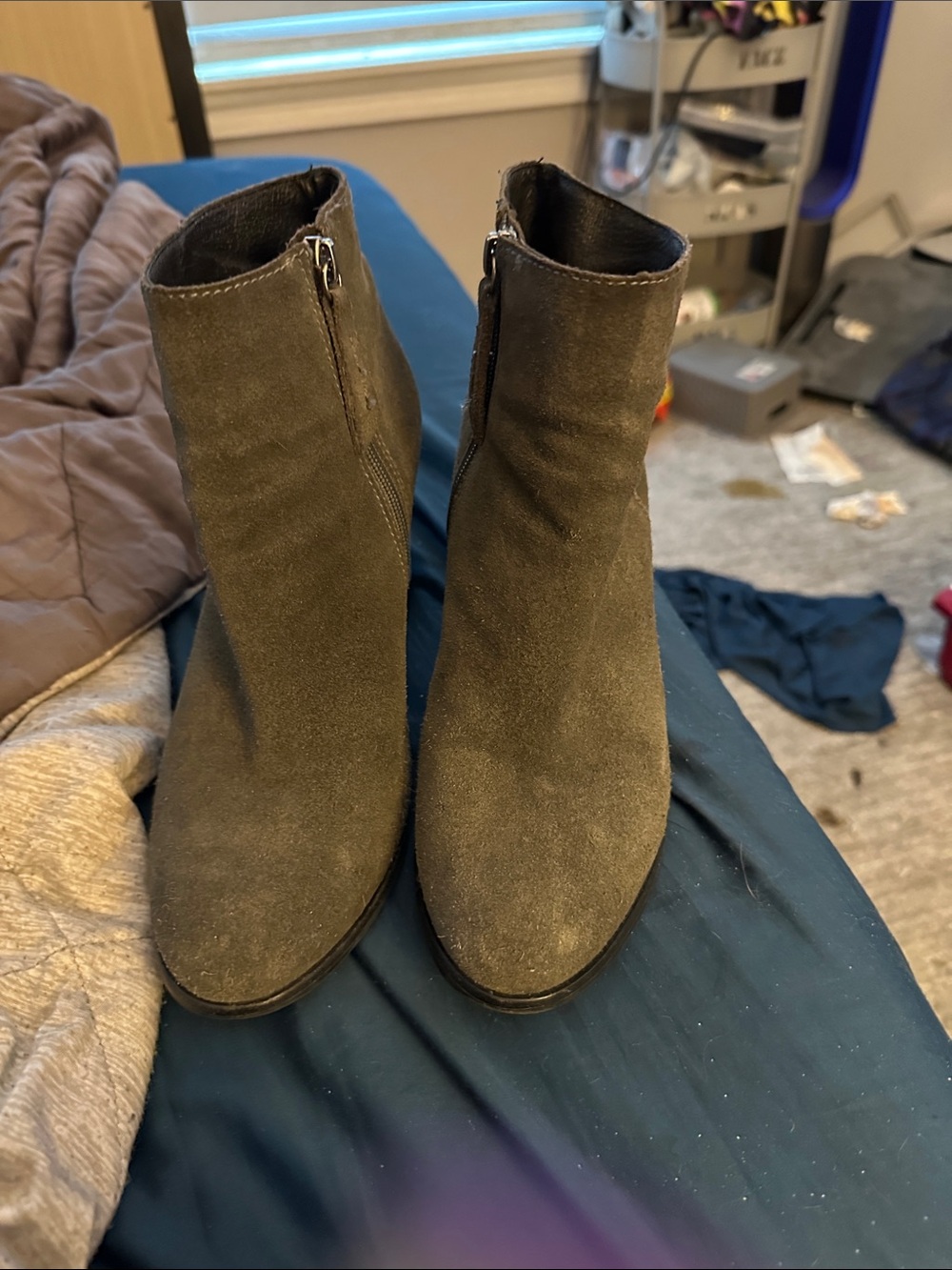 Olive Suede Side-Zip Ankle Booties